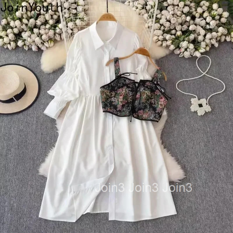 Dress Outfits Fashion Two Piece Sets Long Sleeve Folds Shirt Dress Bandage Floral Vest Suit Roupas Femme Sweet Korean Women Set