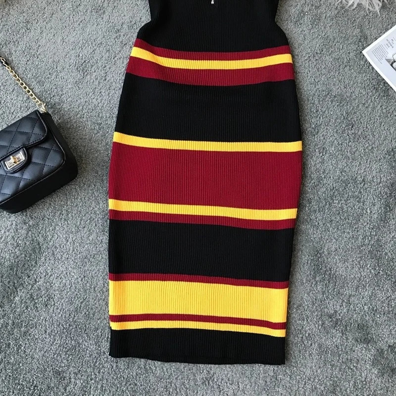 Women Sexy Knitted Dress Woman Dresses Colorblock High Waist ALine VNeck Sleeveless Patchwork Color Stripes Vestidos 250616