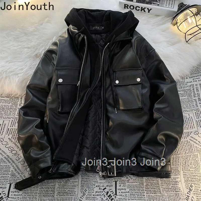 Streetwear Hooded Leather Jackets 2025 Women Clothing Patchwork Fake Two Vintage Outwear Harajuku Fashion Casual Y2k Coat Tops