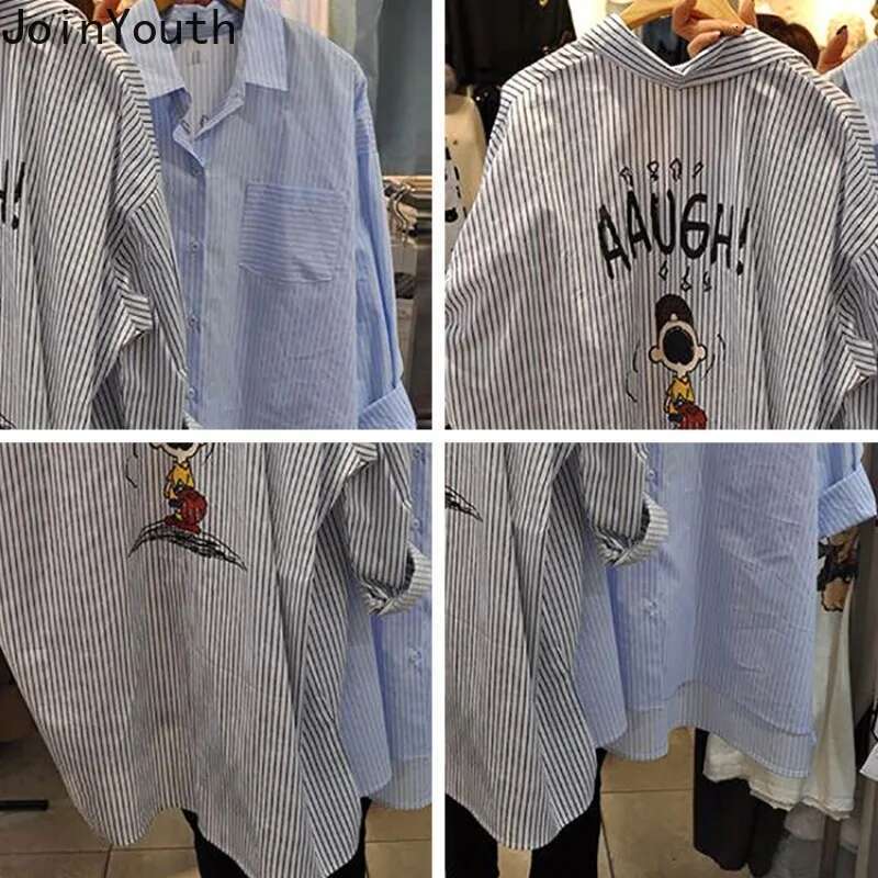 Blouses Womens Clothing Oversized Tops Long Sleeve Fashion Casual Striped Cartoon Print Shirts Blouse 2025 Blusas Mujer De Moda