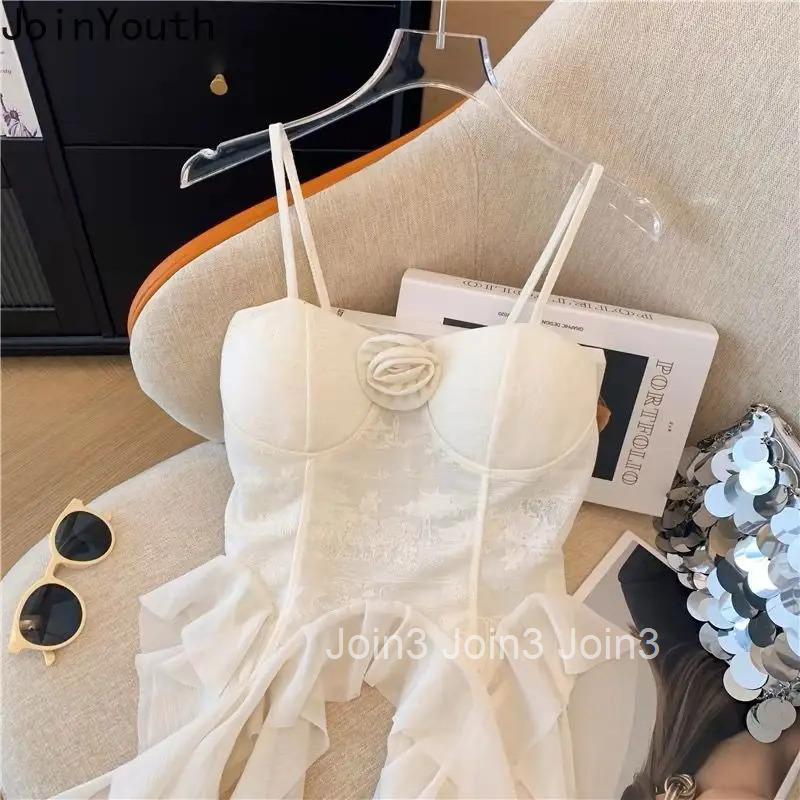 Sweet Tanks Women Clothing Fashion Irregular Crop Tops Slim Fit Backless Summer Camis 3D Floral Ruffles Vest 2025 Ropa Mujer