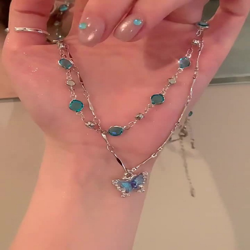 Summer Alloy Blue Double Layer Butterfly Pendant Necklace Jewelry for Women Light Luxury Accessories High-end Layered Clavicle Chain