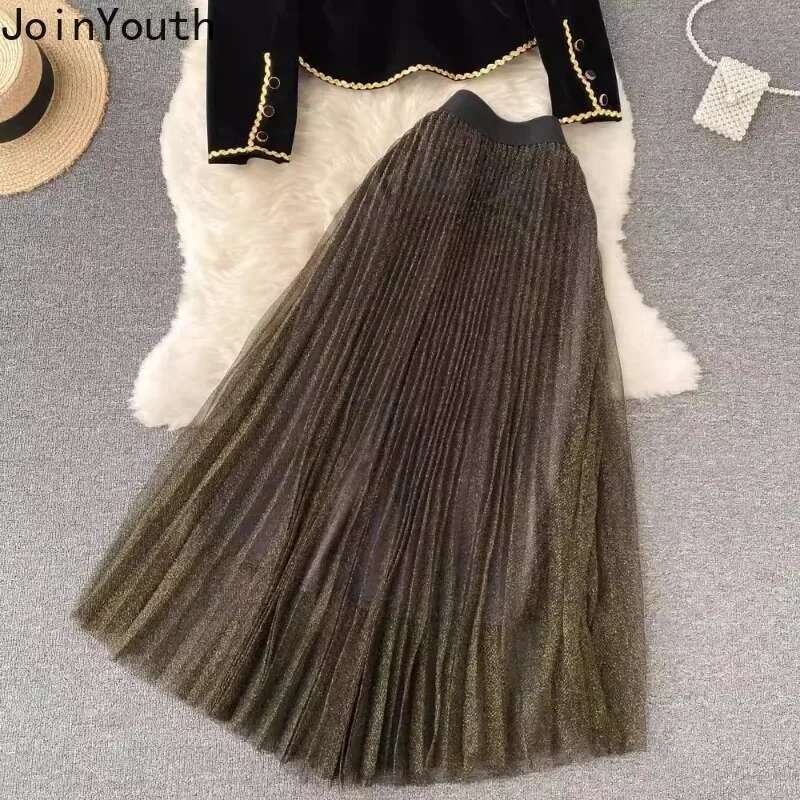 Skirt Outfits Korean Women Clothing Two Piece Sets Slim Waist Velvet Shirt High Waist Loose Pleated Skirts Suit Temperament Set