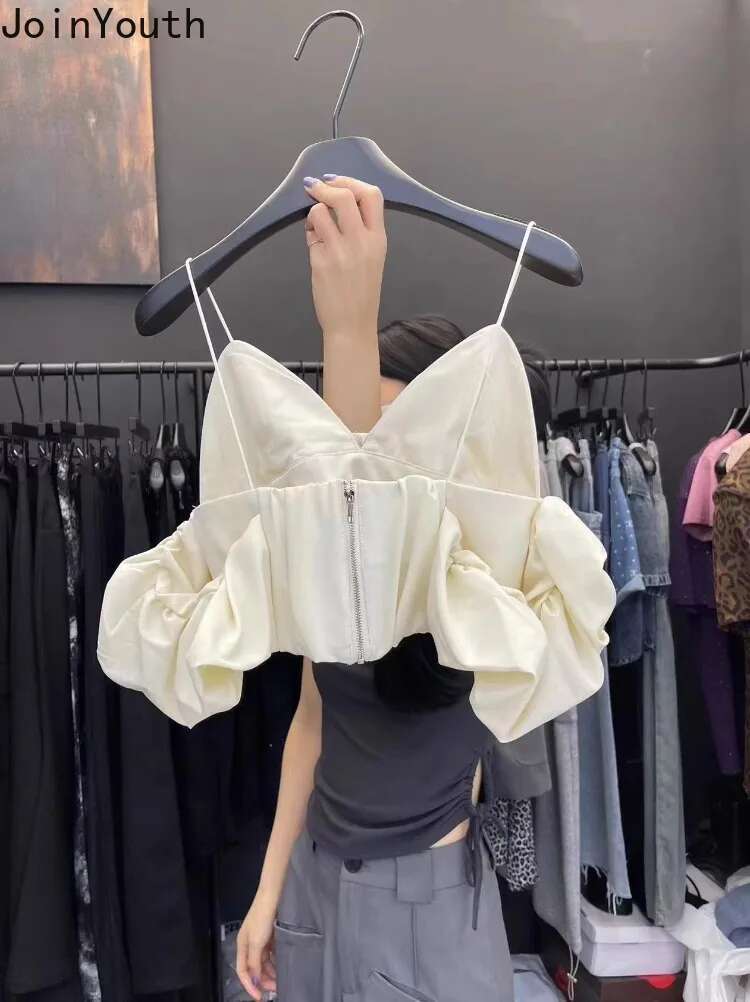Fashion Y2k Top Women Clothing V-neck Off Shoulder Sling Vest Korean Folds Zipper Tunic Crop Tops Summer Tanks 2025 Ropa Mujer