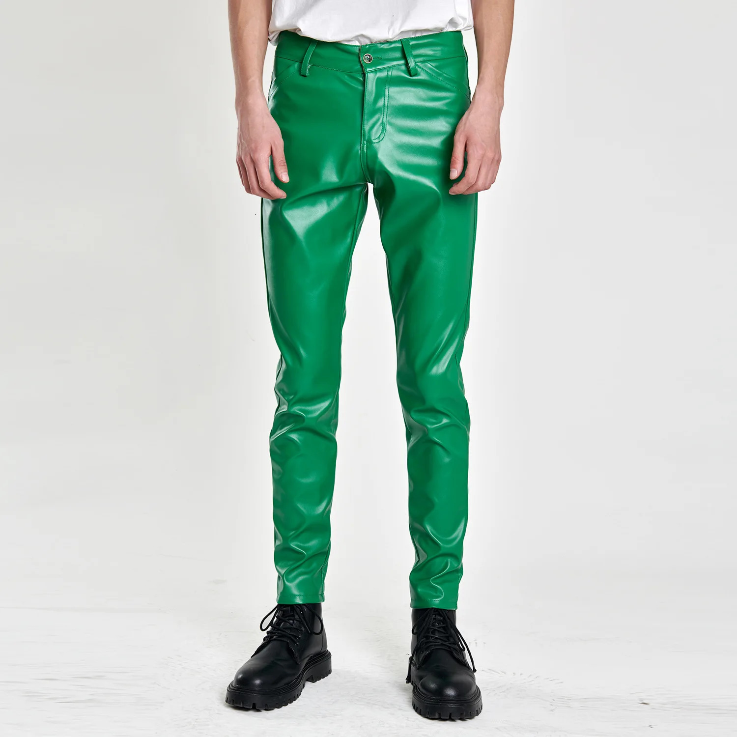 Spring and Summer Thin Youth Leather Pants for Men Stretch Slim Fit Green Bar Orange Breathable Mens 250614