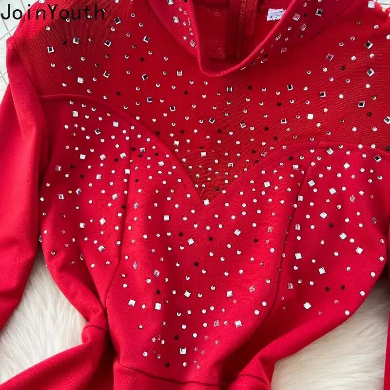 Temperament Sexy Robe Femme Half High Collar Tunic Dresses for Women 2025 Vestidos De Mujer Feather Diamond Bodycon Mini Dress