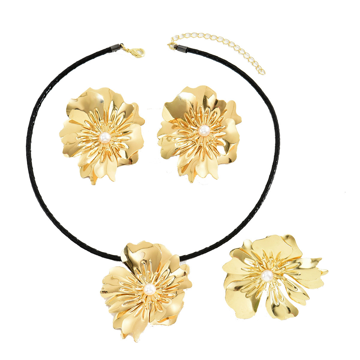 French Style Simple Floral Necklace Set With Personalized Pearl Inlay For Women, Including Rings And Stud Earrings