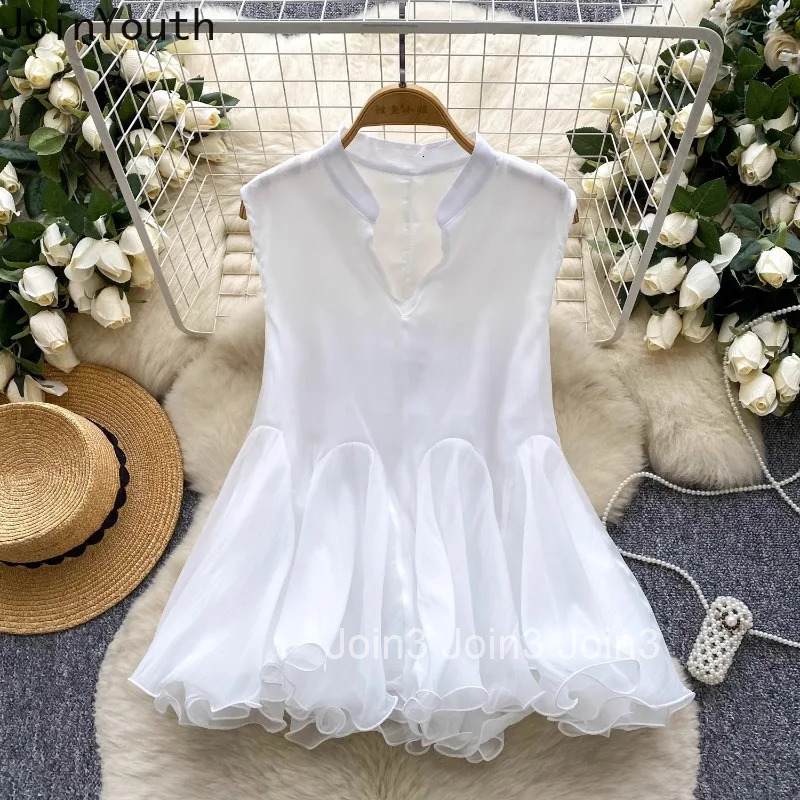 2025 Camisas De Mujer Summer Blouses Temperament Tops Female V-neck Sleeveless Loose Shirts Ruffles Solid Color Tunic Blouse