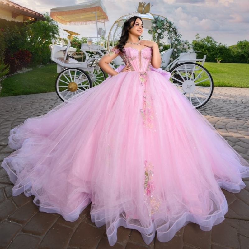Pink Shiny Quinceanera Dresses Ball Gown Off The Shoulder Sequin Applique Lace Beads Tull Corset Sweet 16 Dress Vestidos 15 Anos