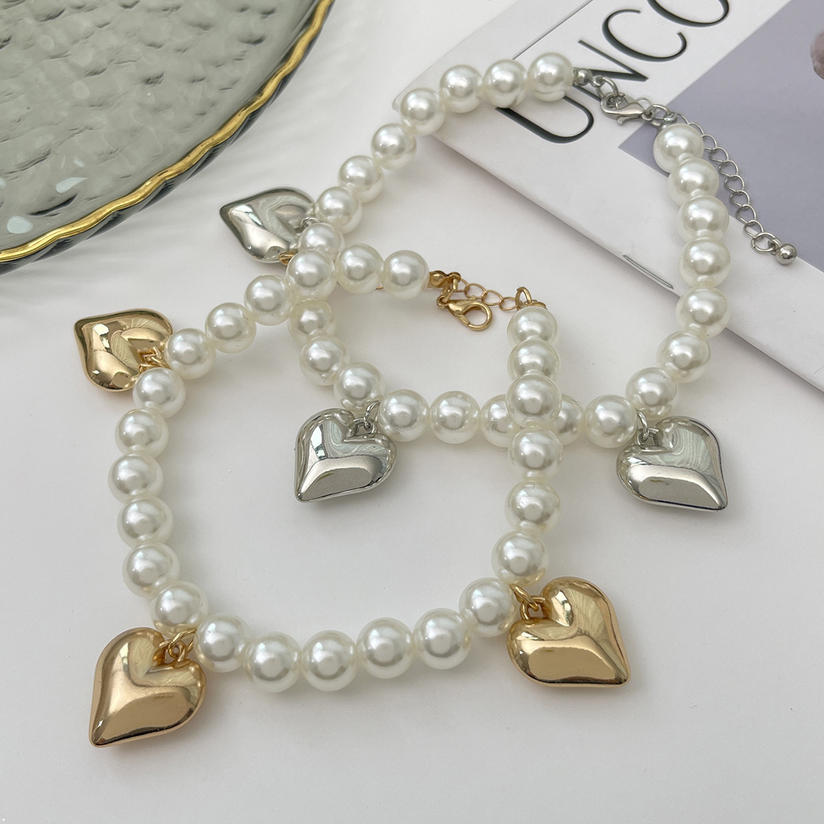 European and American Style Imitation Pearl Beaded Denim inspired Ankle Chain with High end Heart Pendant