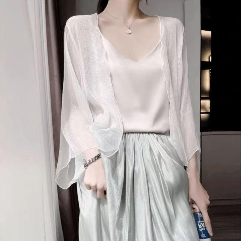 K1097 Sun protection clothing women's cardigan thin small shawl summer with suspender dress outer cover tulle chiffon top