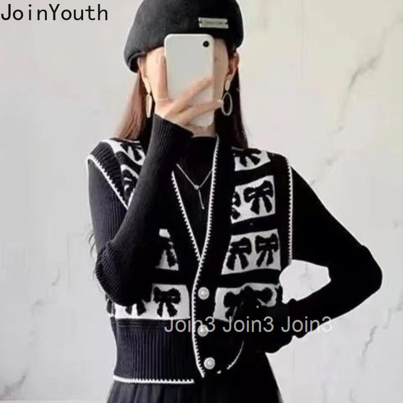 Vintage Sweater Vest Coat Women Clothing V-neck Sleeveless Bow Waistcoat 2025 Ropa Mujer Loose Fashion Korean Knitted Tanks Tops