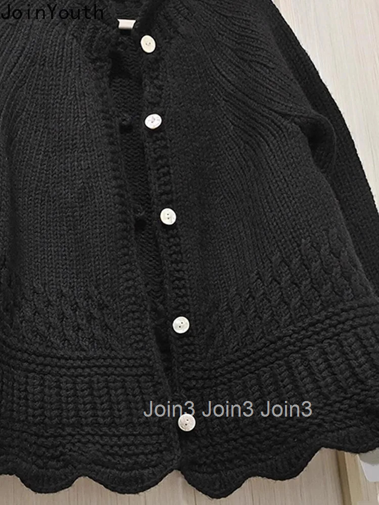 Black Single Breasted Knitted Sweater Jacket Sueter Mujer Fall Winter Clothing Pull Femme Loose Vintage Ruffles Cardigan Tops
