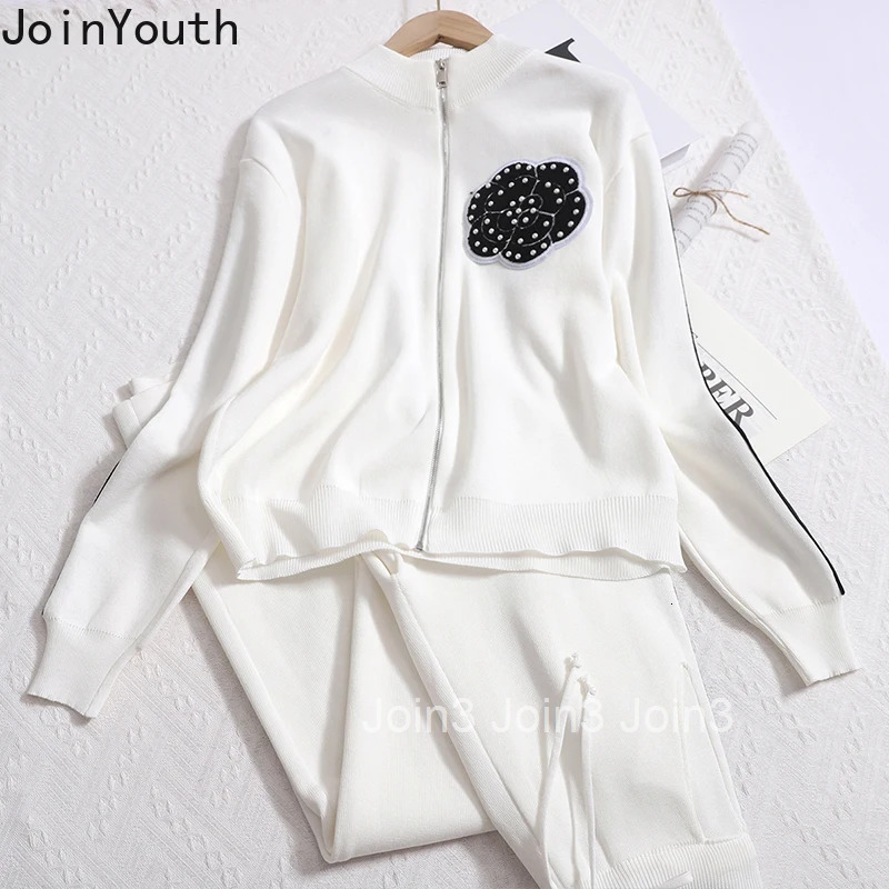 Two Piece Sets Womens Outfits Temperament Knitted Clothing Beading Zipper Cardiagn Straight Wide Leg Pants Outfits Fashion Suit
