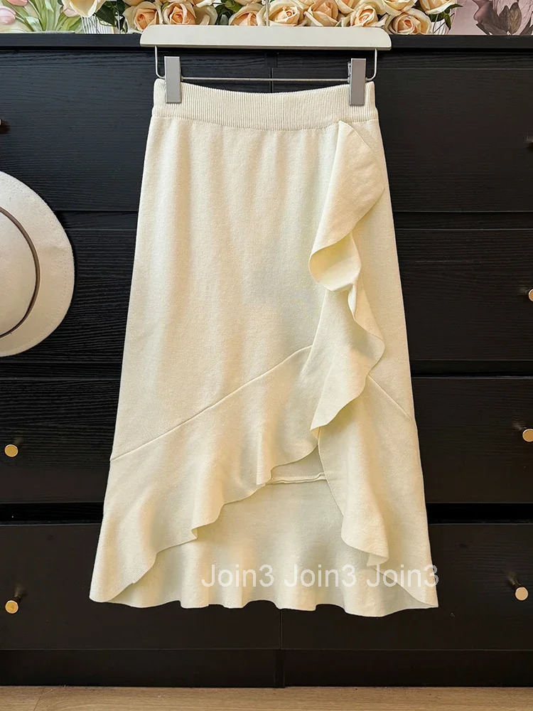 Knitted Women Skirts Vintage Korean Saia High Waist Bodycon Split Jupe 2025 Faldas Mujer De Moda Ruffles Tunic Irregular Skirt