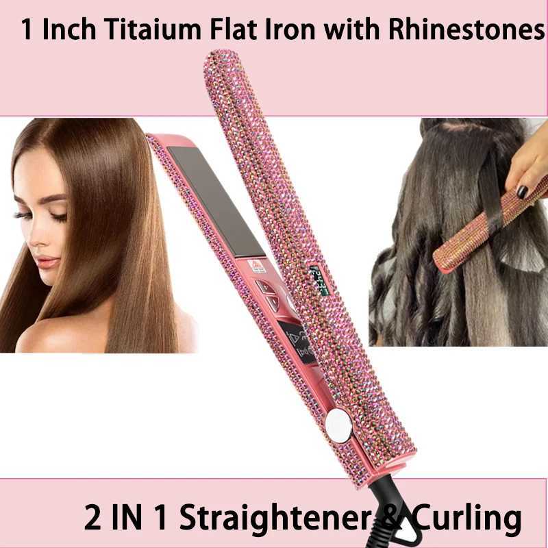 Hair Straightener and Curler Titanium Flat Iron Rhinestone Straightening Iron plancha y rizador en uno Plancha pelo Dual VoltageXJ250621