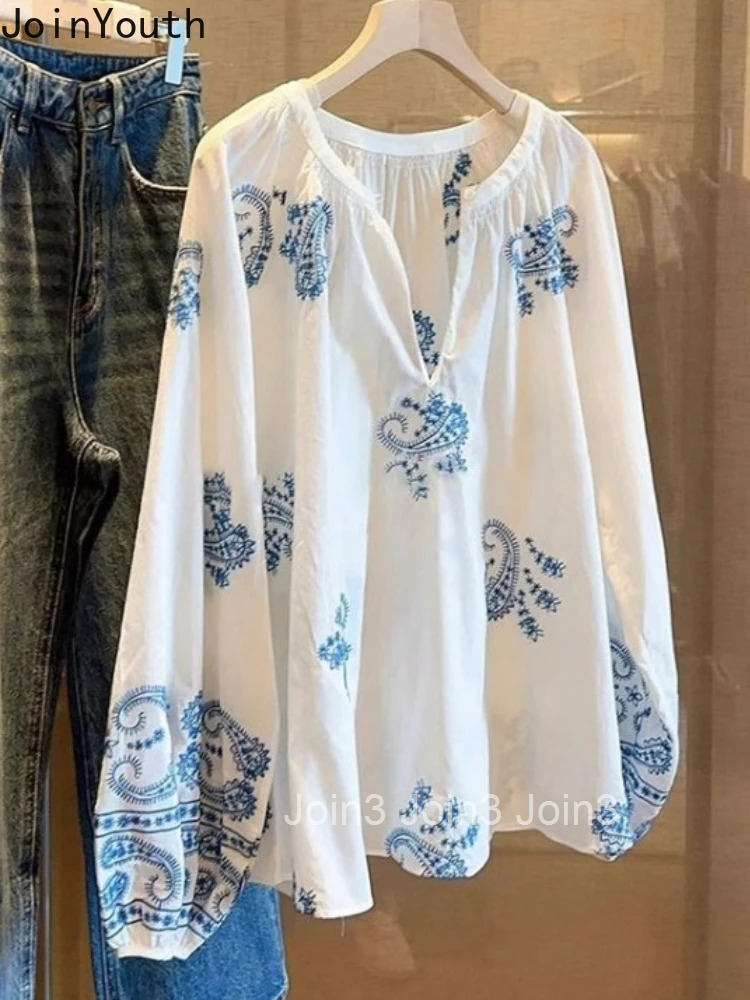 Women Clothing Indie Folk Long Sleeve Blouse Fashion Oversized Shirts 2025 Blusas Mujer De Moda Floral Embroidery Blouses Tops