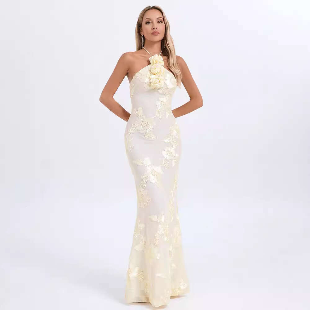 White Skirt Maxi Skirt Red Halter Neck Embroidered Sexy Slimming Elegant Long Romantic French Style Dress Long Skirt