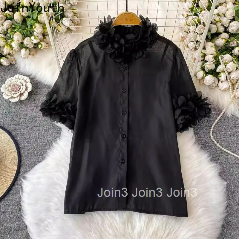 Sweet Pink Blouses Womens Clothing Stand Neck Short Sleeve Summer Shirts 2025 Blusas Mujer De Moda Gauze Loose Tops with Vest