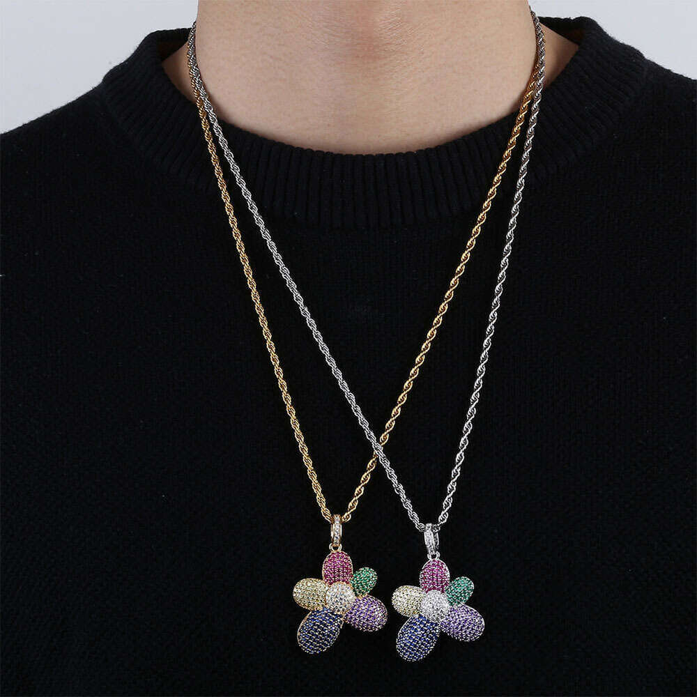 Jin Ao Hip-Hop Colorful Zircon Seven-Color Flower Pendant Necklace Unisex Rap Trendy Accessories