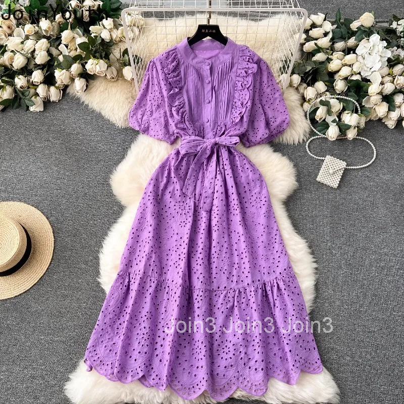 Temperament Robe Femme Vintage Dress Chic Women Clothing 2025 Vestidos De Mujer Puff Sleeve Embroidery Hollow Out Summer Dresses