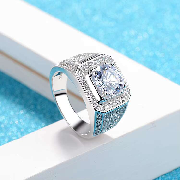 Classic Round Imitated Moissanite Ring Platinum Plated Cubic Zirconia Lab Diamond Ring for Men Wedding Ring Hip Hop Jewelry