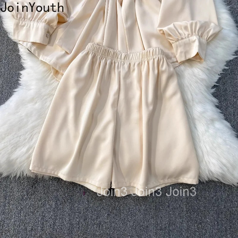 Shorts Outfits Women Clothes 2 Piece Sets Diamond Slasn Neck Long Sleeve Shirts Elastic Waist Shorts Suit Solid Color Summer Set