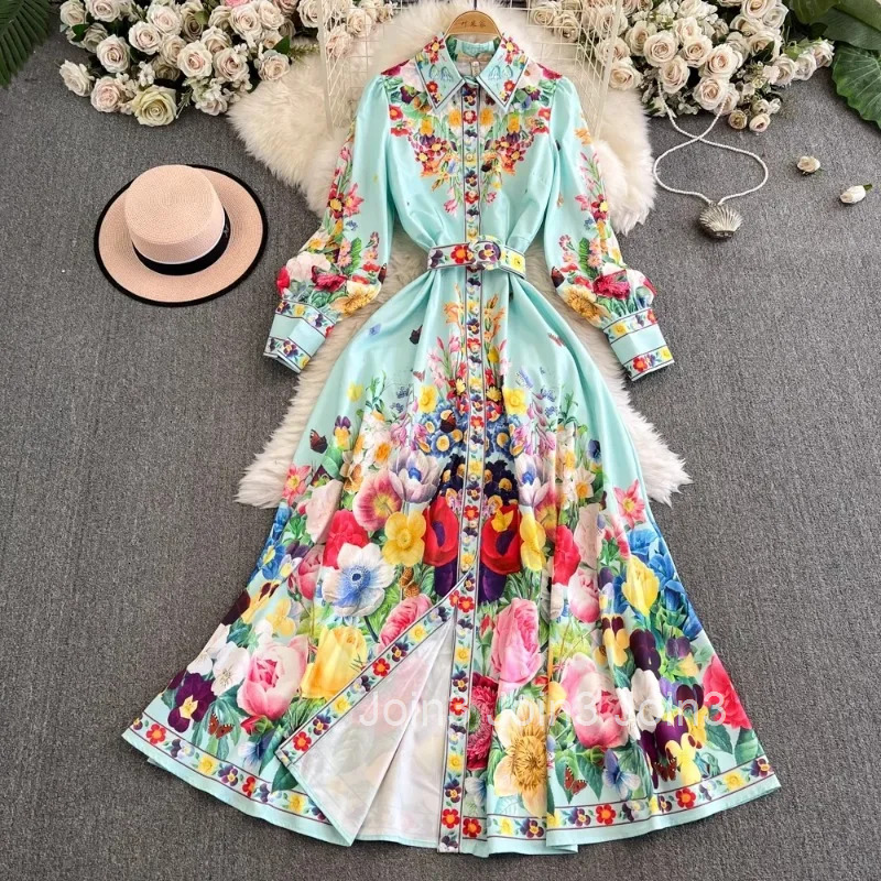 2025 Vestidos De Mujer Floral Print Woman Dress Single Breasted Big Swing Loose Robe Femme Slim Waist Vintage Chic Maxi Dresses