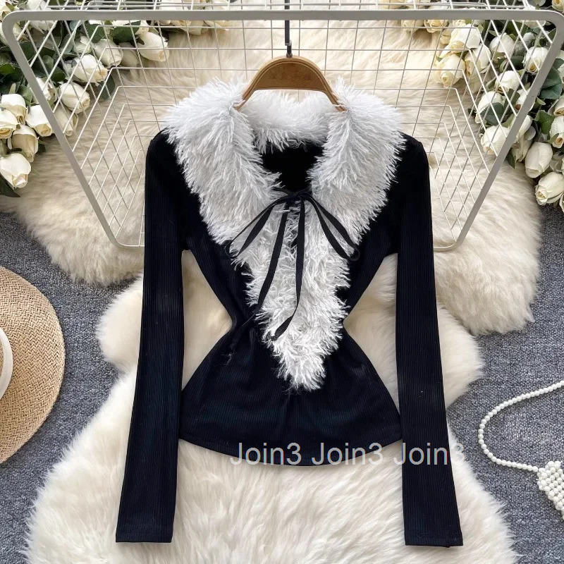 Furry V-neck Tshirts 2025 Women Clothing Tunic Long Sleeve Tees Bandage Solid Color Tees Y2k Tops Korean Fashion Sexy T-shirt
