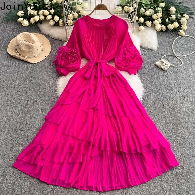 Summer Womens Dresses 2025 Vestidos De Mujer Solid Color Ruffles Slim Waist Temperament Robe Femme Folds Elegant Maxi Dress
