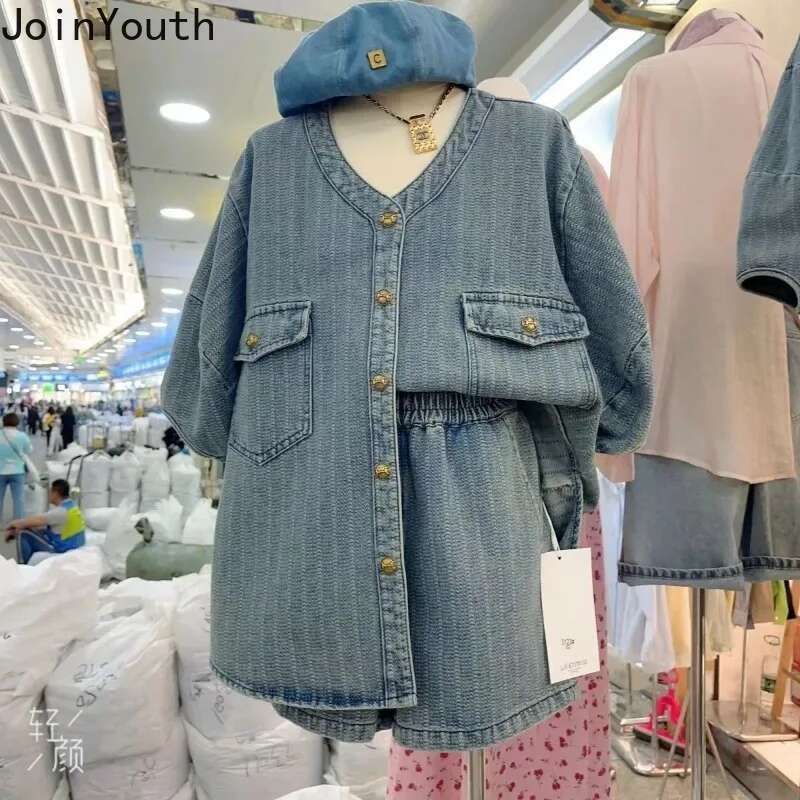 Streetwear Fashion 2 Piece Sets Women Clothing Denim Outfits Oversized Blouses High Waist Wide Leg Pants Suit Vintage Casual Set