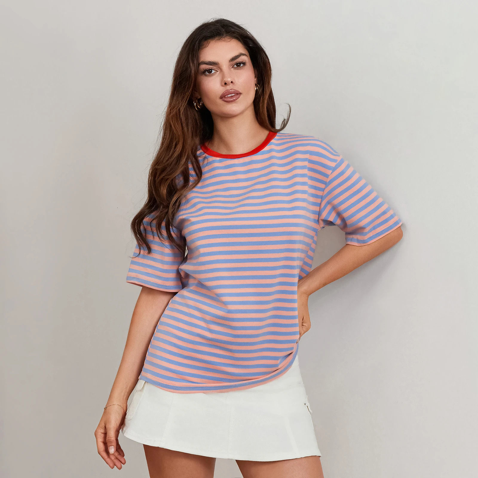 Puloru Summer Striped Loose T-Shirts Womens Oversized Short Sleeve Crew Neck Casual Tops for Street Daily Basic Pullovers 250619