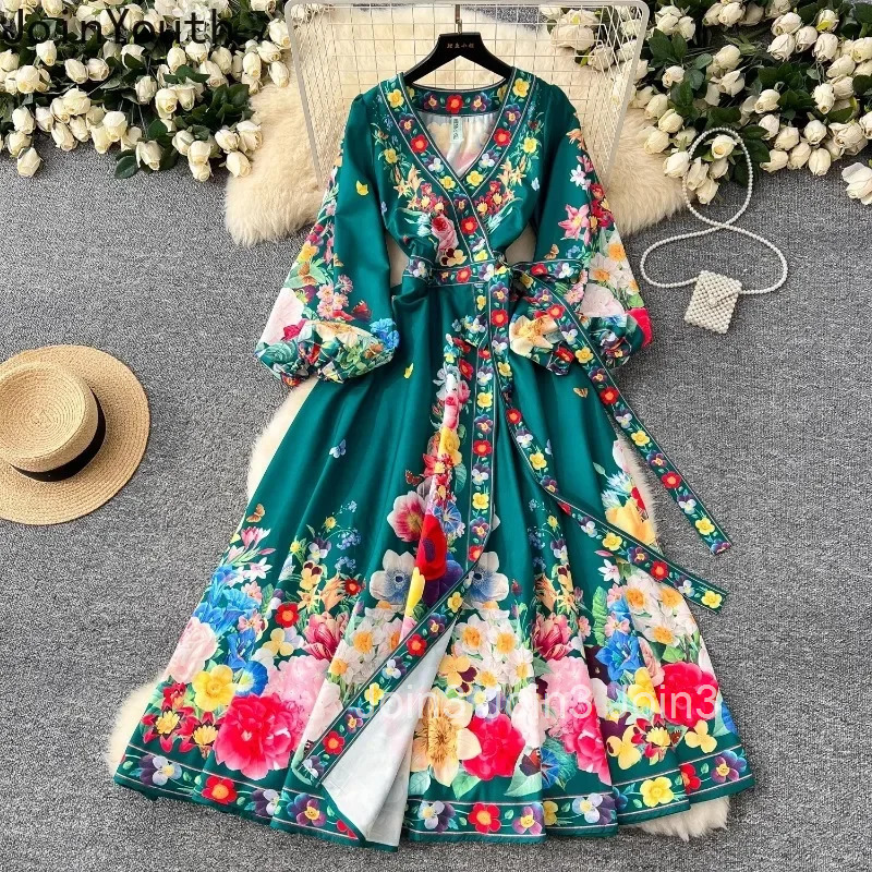 Summer Woman Dress 2025 Vestidos De Mujer V-neck Bandgae Lantern Sleeve Big Swing Elegant Robe Femme Vintage Floral Maxi Dresses