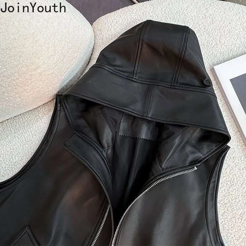 Streetwear PU Women Vest Jackets 2025 Ropa Mujer Hooded Zipper Sleeveless Casual Waistcoat Y2k Tops Fashion Korean Leather Tanks