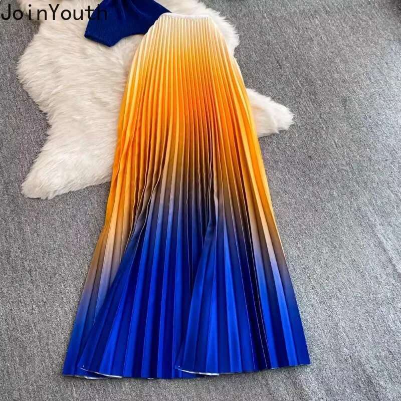 Summer Women Clothing Vintage 2 Piece Set Skirt Outfits Roupas Femme Short Sleeve Irregular Tops Gradient Pleated Skirts Suit