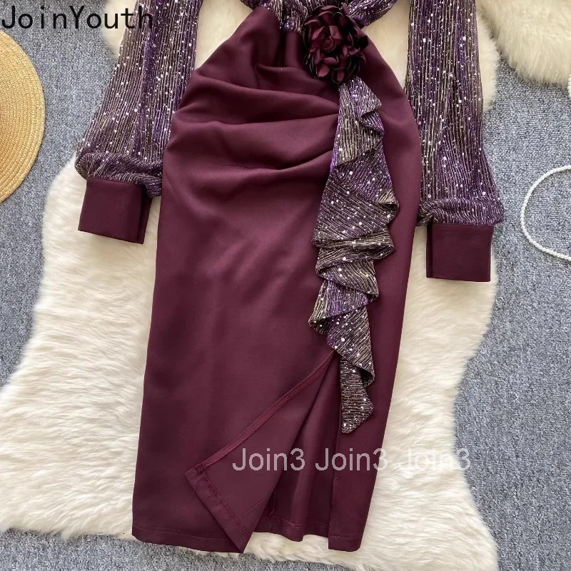 Chic Party Dress for Women 2025 Vestidos De Mujer Temperament Robe Femme Patchwork Gauze Sequin Ruffles Bodycon Split Dresses