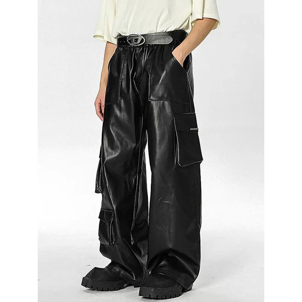 Men Leather Pants Floor Length Cargo Pant Pu Loose Casual Straight Trousers Regular Solid Splice Button Pocket Autumn Winter 250614