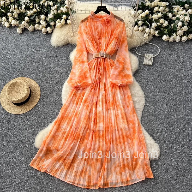 Dress for Women 2025 Vestidos De Mujer Bandage Slim Waist A-line Floral Robe Femme 3D Floral Chiffon Summer Pleated Maxi Dresses
