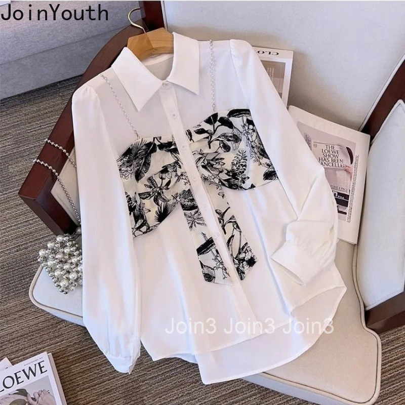 Fake Two Women Shirts 2025 Camisas De Mujer Long Sleeve Patchwork Print Blouses Beading Fashion Korean Blouse Tops Female 27y433