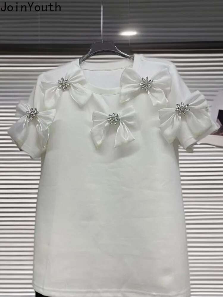 Women Clothes Summer T Shirts Beading 3D Floral Sweet Tees 2025 Ropa Mujer Casual Chic Tshirt Tops Short Sleeve O-neck Camisetas