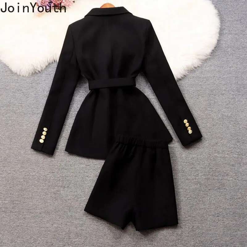 Winter Clothes Temperament 2 Piece Set Women Double Breasted Buckle Tunic Jackets High Waist Short Suit Thicked Vintage Outfits