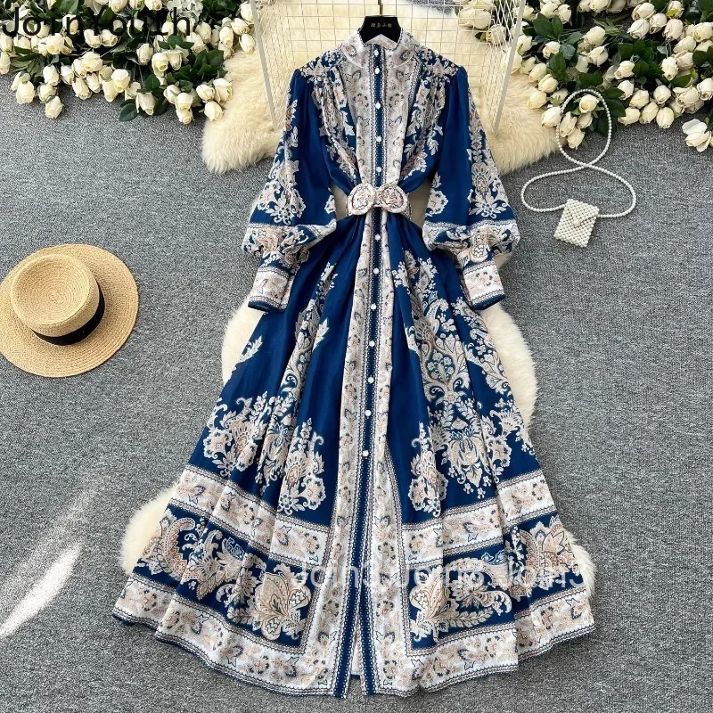 Summer Woman Dress Stand Neck Slim Waist Single Breasted Robe Femme Lantern Sleeve Vintage Floral Maxi Dresses Vestido Femme