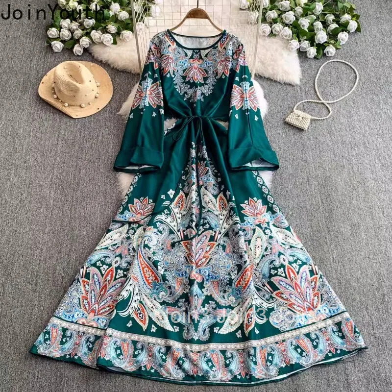 Floral Womens Dress Flare Sleeve Badnage Slim Waist Robe Femme 2025 Vestidos De Mujer Summer Elegant Big Swing Maxi Dresses