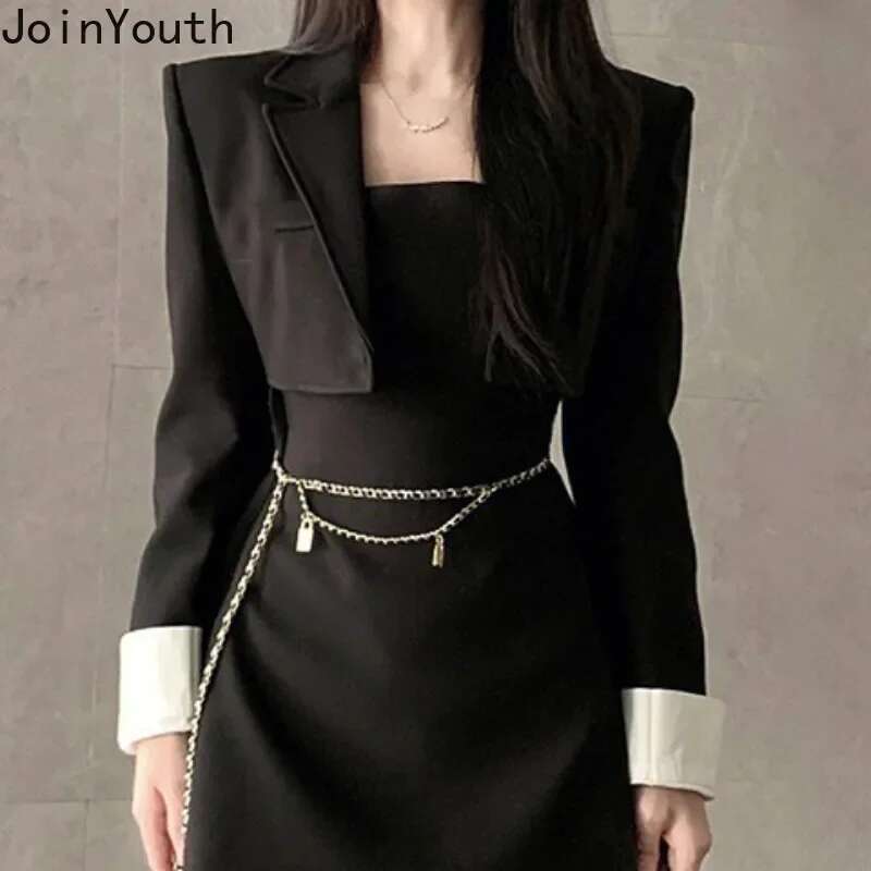 Temperament Two Piece Sets Womens Outfits Roupas Femme Black Crop Jackets Slim Waist Bodycon Mini Suit Fashion Office Lady Set