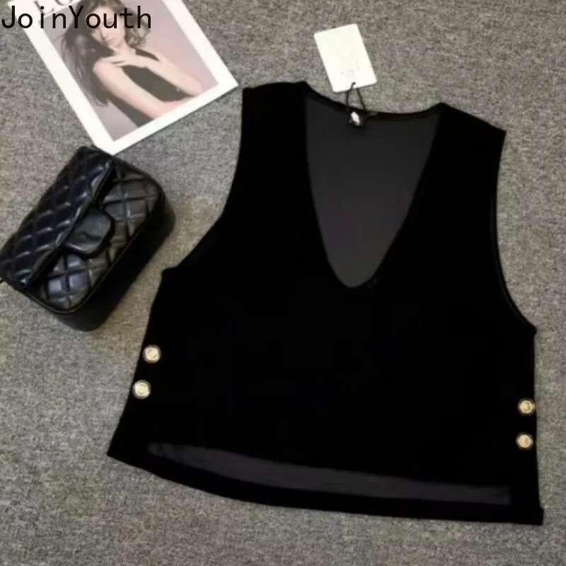 V-neck Black Velvet Tanks Vintage Korean Fashion Tanks Womens Clothing Sleeveless Loose Waistcoat Ropa Mujer Crop Tops 27t860
