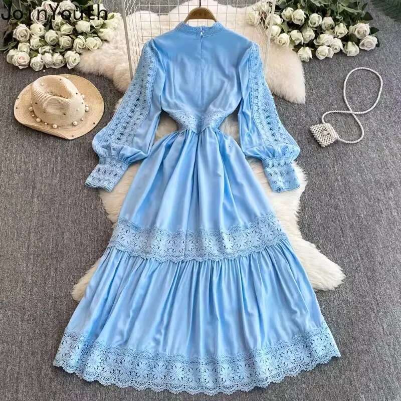 Korean Dress for Women 2025 Vestidos De Mujer Patchwork Lace Hollow Out Dresses Slim Waist Lantern Sleeve Temperament Robe Femme