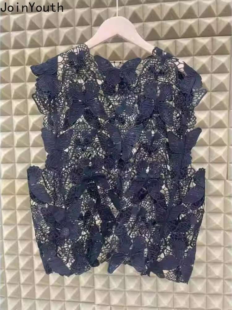 Sexy Vest Crop Tops 2025 Women Clothing Sleeveless Sweet Butterfly Embroidery Camis O-neck Hollow Out Summer See Through Tanks