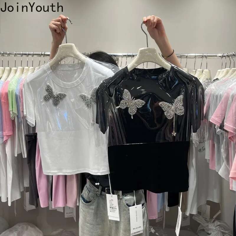Summer Woman T Shirts Crop Tops Sweet Korean Tees Short Sleeve O-neck Slim Fit Camisetas Beading Butterfly Tshirts Ropa Mujer