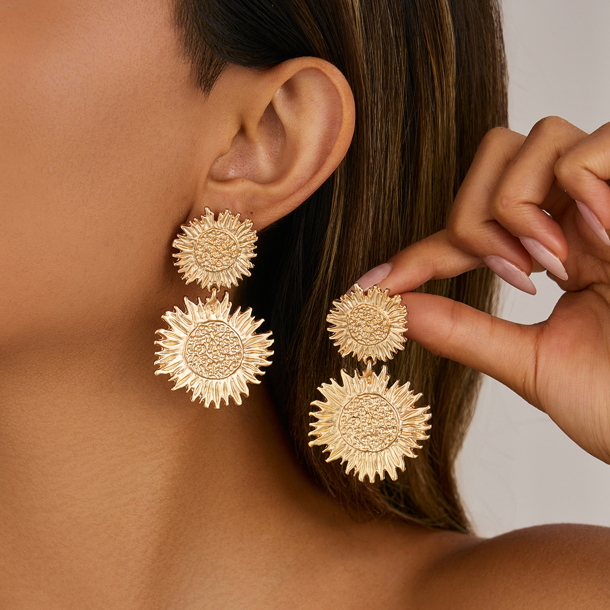 European and American Style High End Sunflower Shaped Alloy Pendant Earrings Individual and Exaggerated Metal Petal Studs