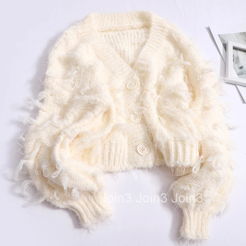 V-neck Tassel Sweet Cardigan Jackets Womens Clothing Sueter Mujer Fashion Korean Pull Femme Loose Knitting Cropped Sweater Tops